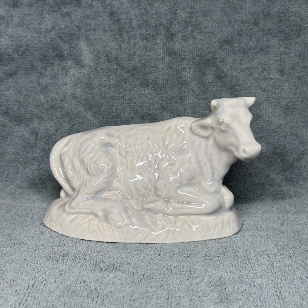 Atlantic Mold Cow Calf Laying Nativity Figure White Glaze Ceramic 3" Christmas
